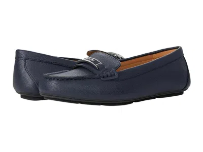 Calvin Klein Levonne Flats Women's Navy Leather Moc Toe Loafer Shoes Rhs8438 In Blue