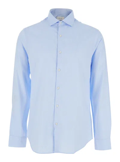 Calvin Klein Light Blue Long-sleeved Shirt With Classic Collar And Striped Motif In Cotton Man