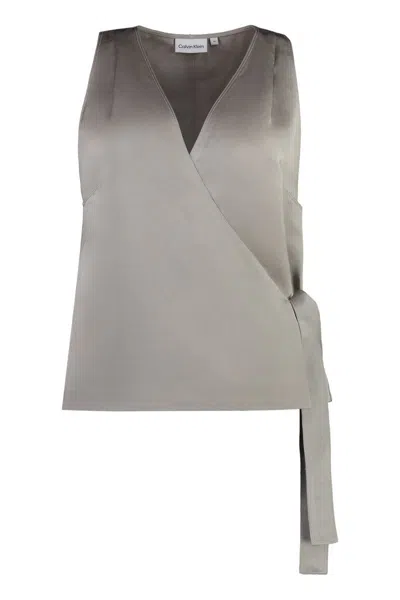 Calvin Klein Wrap-design Sleeveless Top In Grey