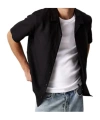 Calvin Klein Linen Cotton Cuban Collar Shirt In Ck Black