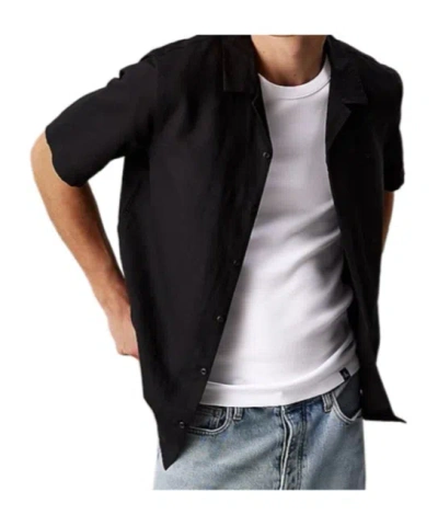 Calvin Klein Linen Cotton Cuban Collar Shirt In Ck Black