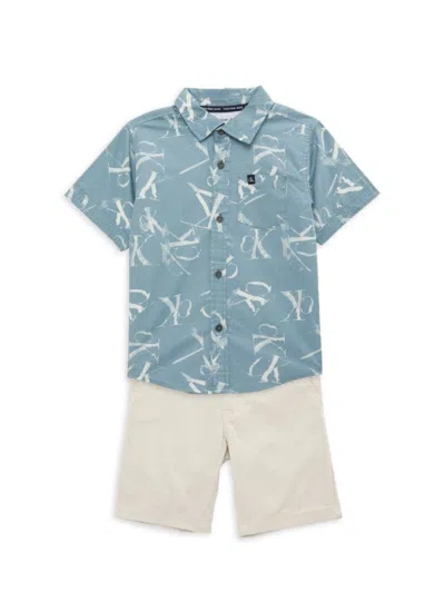 Calvin Klein Babies' Little Boy's 2-piece Button Shirt & Shorts Set In Blue