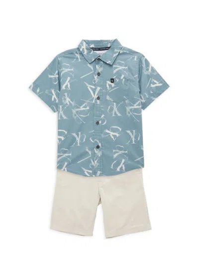 Calvin Klein Kids' Little Boy Plaid Poplin Button-front Shirt Twill Shorts Set In Blue