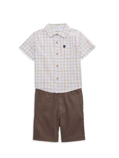 Calvin Klein Kids' Little Boy's 2-piece Gingham Shirt & Shorts Set In Beige Brown