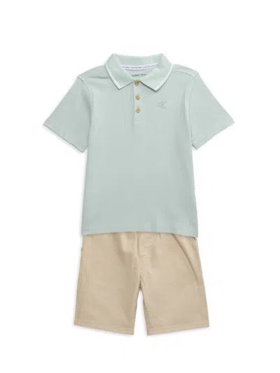 Calvin Klein Kids' Little Boy's 2-piece Logo Polo T-shirt & Shorts Set In Green Khaki