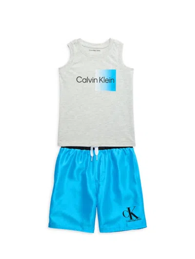 Calvin Klein Babies' Little Boy's 2-piece Logo Tee & Logo Drawstring Shorts Swim Set In Grey Multi