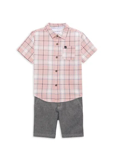 Calvin Klein Kids' Little Boy's 2-piece Plaid Shirt & Denim Shorts Set In Pink Multi