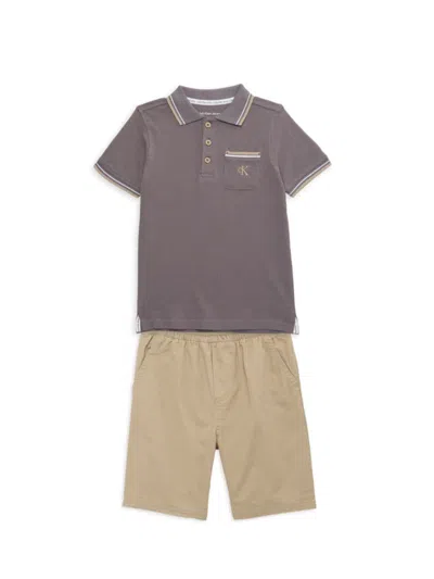 Calvin Klein Babies' Little Boy's 2-piece Tipped Polo & Shorts Set In Grey Multi