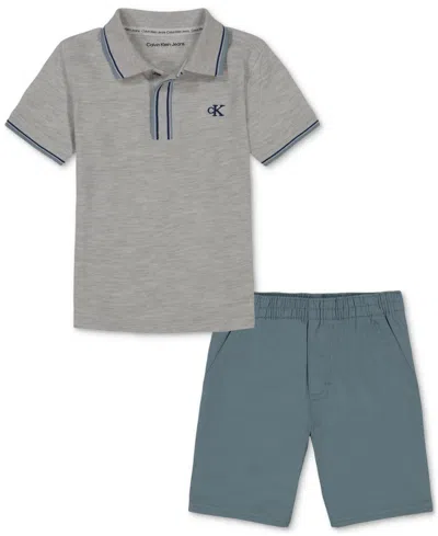 Calvin Klein Kids' Little Boy Heather Pique Polo Shirt And Twill Shorts In Assorted