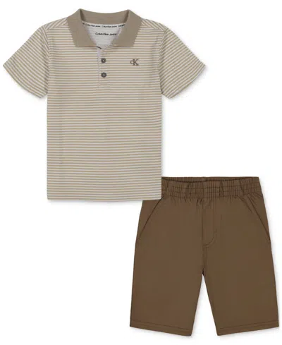 Calvin Klein Kids' Little Boys Cotton Striped Jersey Polo Shirt & Twill Shorts, 2 Piece Set In Multi