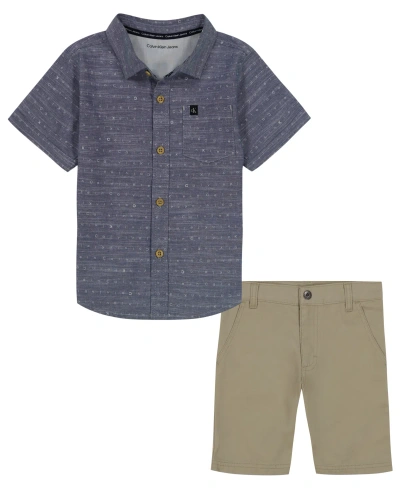 Calvin Klein Kids' Little Boys Logo Print Button-up Short Sleeve Shirt And Twill Shorts, 2 Piece Set In Blue