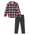 Calvin Klein Little Boys Long Short Sleeve Plaid Button-front Shirt Prewashed Twill Pants 2-piece Set In Red Plaid,wolf Gray