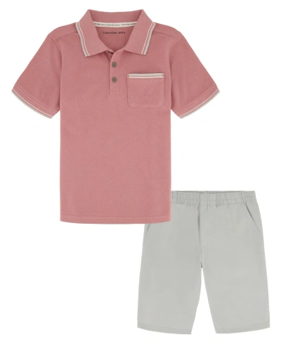 Calvin Klein Kids' Little Boys Monogram Pocket Pique Short Sleeve Polo Shirt And Twill Shorts, 2 Piece Set In Pink