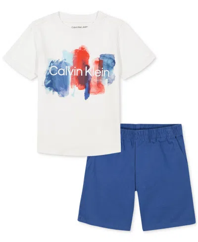 Calvin Klein Kids' Little Boys Painted Logo Short Sleeve Tee And Twill Shorts In Assorted