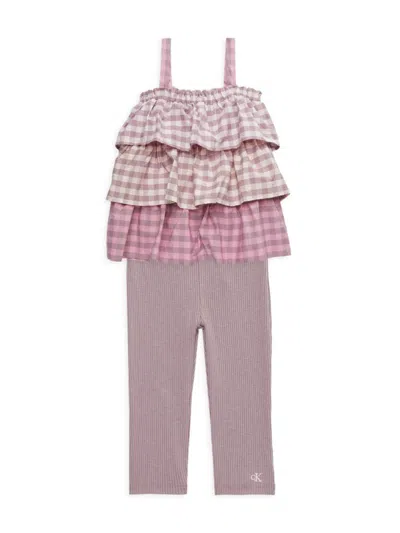 Calvin Klein Babies' Little Girl's 2-piece Check Tiered Top & Ribbed Pants Set In Pink Multi