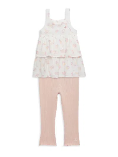 Calvin Klein Babies' Little Girl's 2-piece Leaf Print Top & Ribbed Pants Set In White Pink