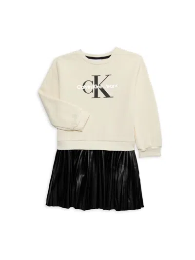 Calvin Klein Kids' Toddler And Little Girls Fleece Crewneck-and-artificial Leather Pleated Skirt Dress In Ivory