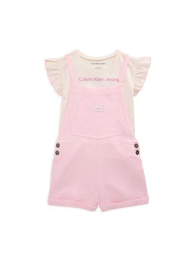 Calvin Klein Kids' Little Girl's 2-piece Logo Tee & Solid Shortall Set In Pink Multi