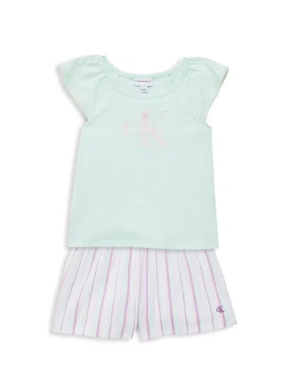 Calvin Klein Babies' Little Girl's 2-piece Logo Tee & Striped Shorts Set In Green