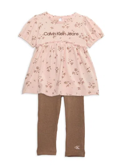 Calvin Klein Kids' Little Girl's 2-piece Logo Top & Ribbed Leggings Pants In Neutral