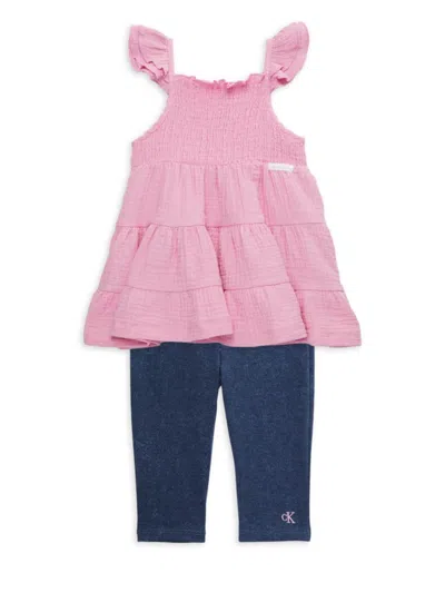 Calvin Klein Kids' Little Girl's 2-piece Smocked Top & Pants Set In Pink Blue