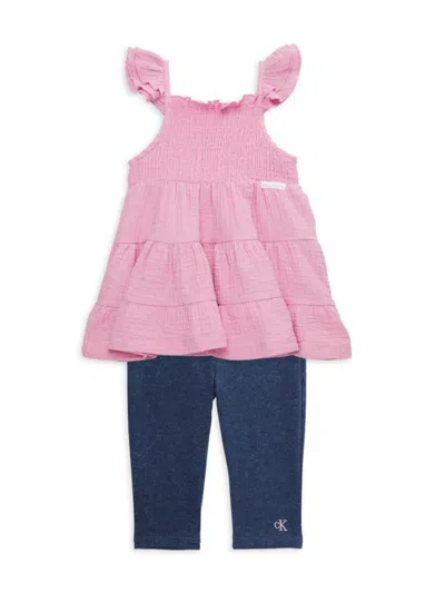 Calvin Klein Babies' Little Girl's 2-piece Smocked Top & Pants Set In Pink Blue