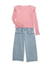 Calvin Klein Toddler Girl Long Sleeve Flutter-trim Ribbed Top And Denim Paper-bag Waist Pants