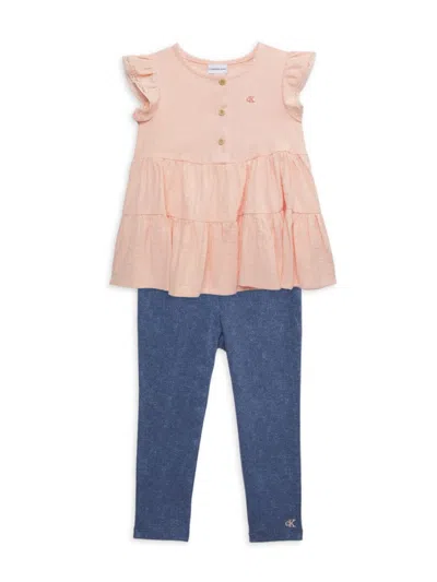 Calvin Klein Kids' Toddler And Little Girls 2-piece Crochet Trim Plisse Cotton Tunic Capri Jeggings Sets In Pink Multi