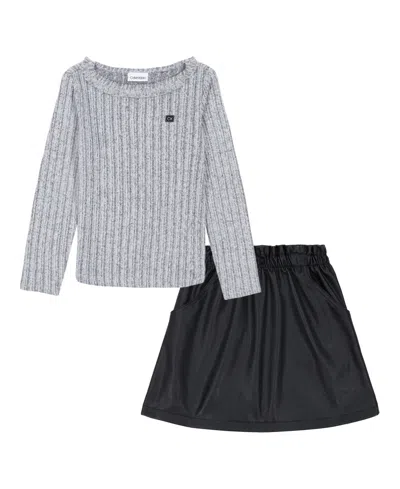Calvin Klein Kids' Toddler And Little Girls Ruffle Collar Ribbed Top Paper-bag Waist Artificial Leather, 2-piece Skirt In Heather Gray,deep Black
