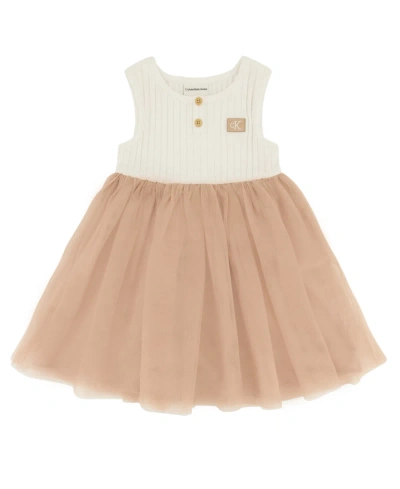 Calvin Klein Kids' Little Girls One Piece Fit-and-flare Sleeveless Ribbed And Tulle Dress In Tan