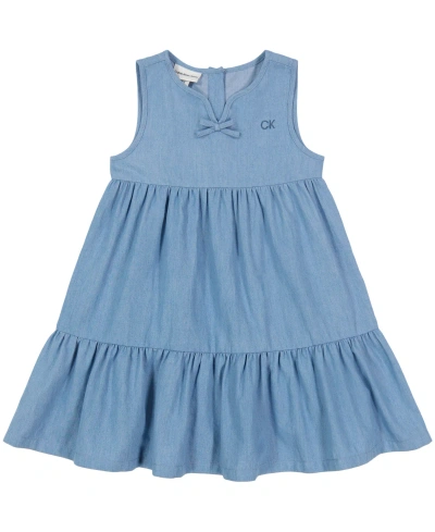 Calvin Klein Kids' Little Girls Sleeveless Chambray Ruffle Hem Dress In Blue