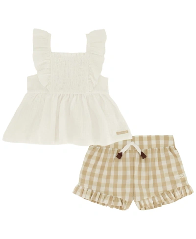 Calvin Klein Kids' Little Girls Smocked Muslin Top And Gingham Ruffled Shorts, 2 Piece Set In White