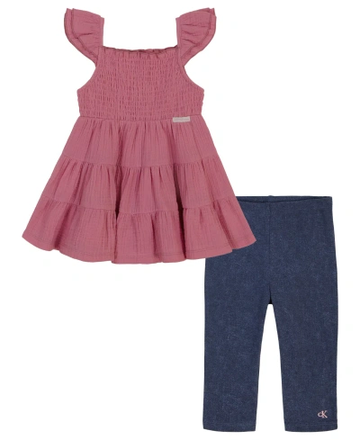 Calvin Klein Kids' Little Girls Smocked Tiered Gauze Tunic And Stretch Capri Leggings, 2 Piece Set In Pink