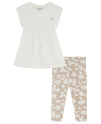 Calvin Klein Kids' Little Girls Sweater And Muslin Tunic Top With Printed Stretch Leggings, 2 Piece Set In Cream