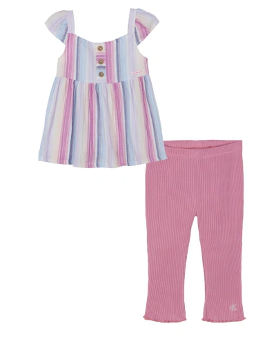 Calvin Klein Kids' Little Girls Woven Striped Empire Tunic And Ribbed Capri Leggings, 2 Piece Set In Pink Multi