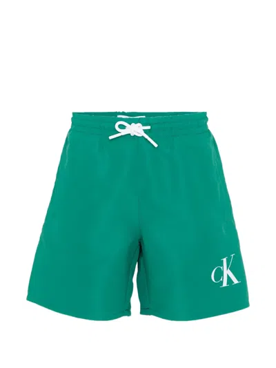 Calvin Klein Kids' Logo Boxer Swimming Trunks In Green
