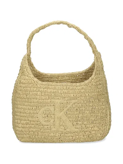 Calvin Klein Logo Braided Shoulder Bag In Neutral
