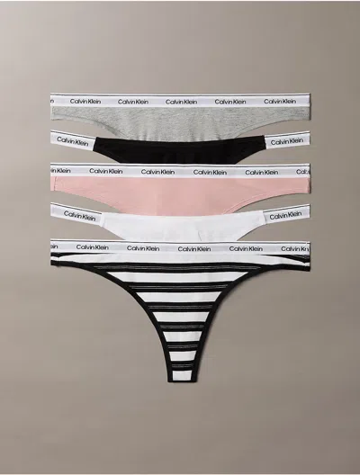 Calvin Klein Logo Calvin Klein Women's Icon Logo 5-pack Mixed Thong In Black/classic White/triple Stripe Small Black/subdued/grey Heather