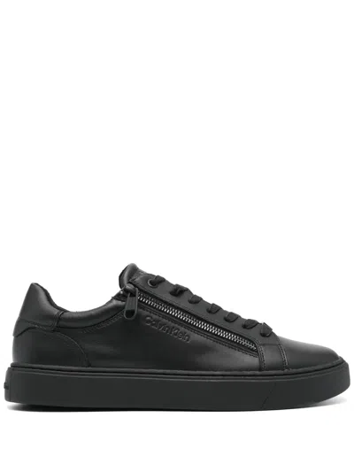 Calvin Klein Logo-debossed Leather Sneakers In Black