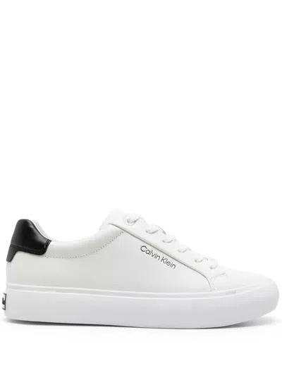 Calvin Klein Logo-debossed Leather Snekaers In Bianco