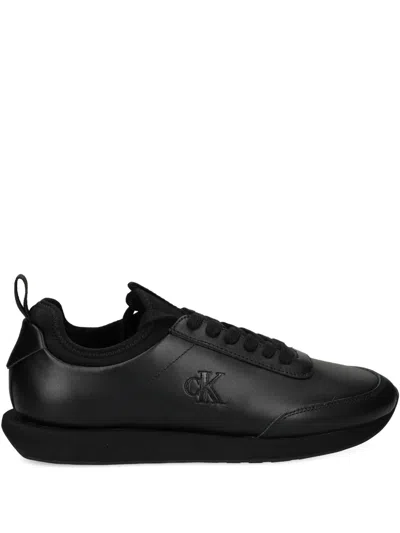 Calvin Klein Logo-embossed Leather Sneakers In Black