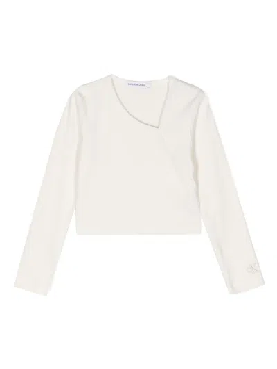 Calvin Klein Kids' Logo-embroidered Asymmetric Knit Top In Ybi White Beige