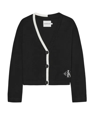 Calvin Klein Logo-embroidered Contrasting-trim Cardigan In Black