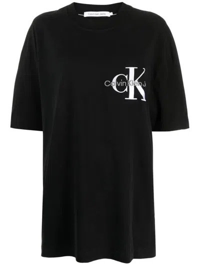 Calvin Klein Logo-embroidered Cotton T-shirt In 黑色