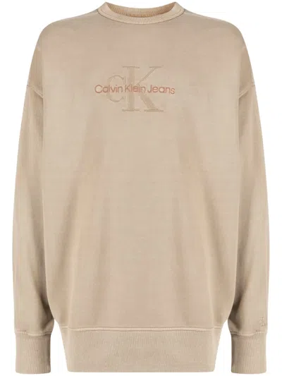 Calvin Klein Logo-embroidered Crew-neck Sweatshirt In 中性色