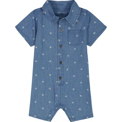 Calvin Klein Babies'  Logo Embroidered Denim Romper In Blue