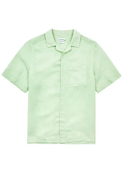 Calvin Klein Logo-embroidered Linen-blend Shirt In Light Green