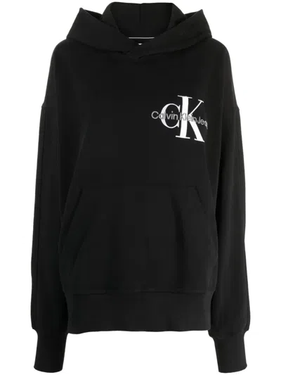 Calvin Klein Logo-embroidered Long-sleeve Hoodie In 黑色