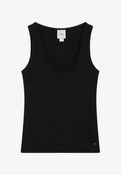 Calvin Klein Logo Embroidered Ribbed Tank Top In Black
