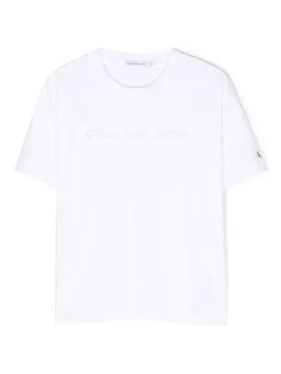 Calvin Klein Kids' Logo-embroidered Round-neck T-shirt In White